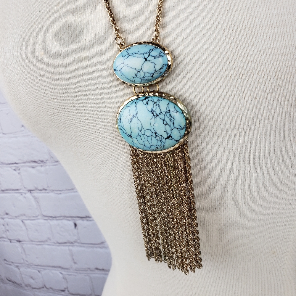 Faux Turquoise Pendant Rope Chain Fringe Long Statement Necklace Boho Vintage - Picture 6 of 9